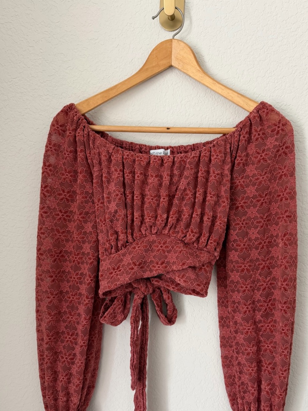 Beyond the Radar Off Shoulder Tie Front Floral Lace Crop Top Mauve Small - Picture 4 of 11